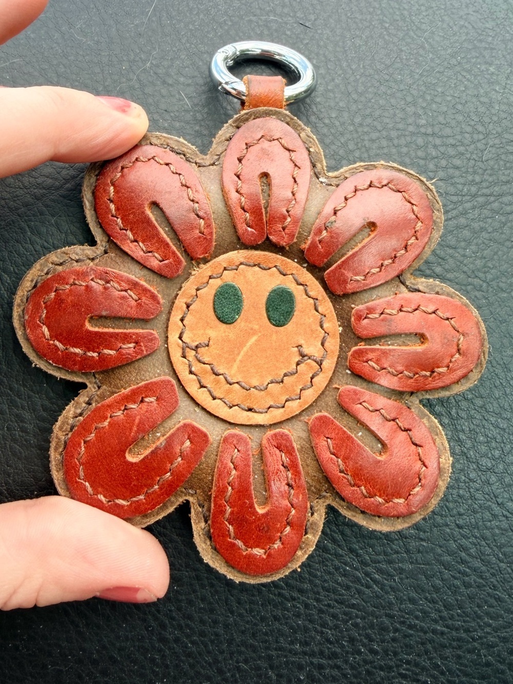 Handmade 100% Leather Bag Charm- Flower Brown/Orange